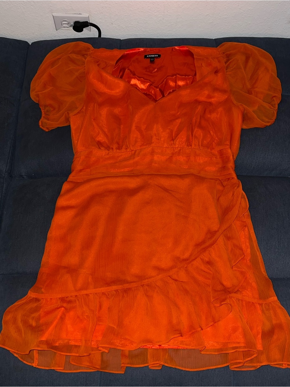 Express Vibrant Orange Puff Sleeve Mini Dress